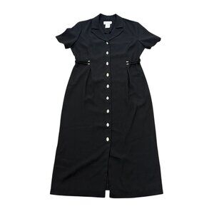 Vintage 90s Miss Dorby Petites Black Button Front Midi Dress Minimalist Polyeste